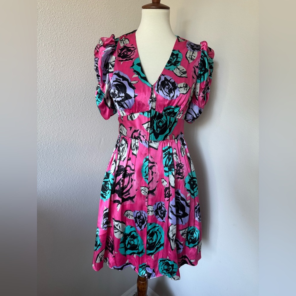 💖Betsey Johnson 100% silk ruched puff sleeve floral zip-up dress💖
